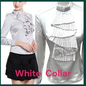 NWT White Collar Pewter Mulberry Silk High Neck Pleated Ruffle Fitted Top (S/M)